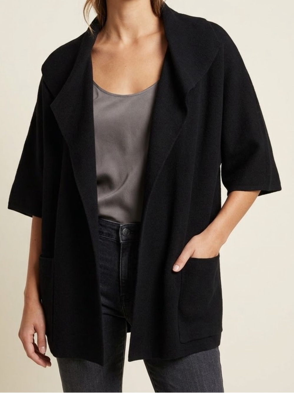 Sioni Black Open-Front Short-Sleeve Cardigan